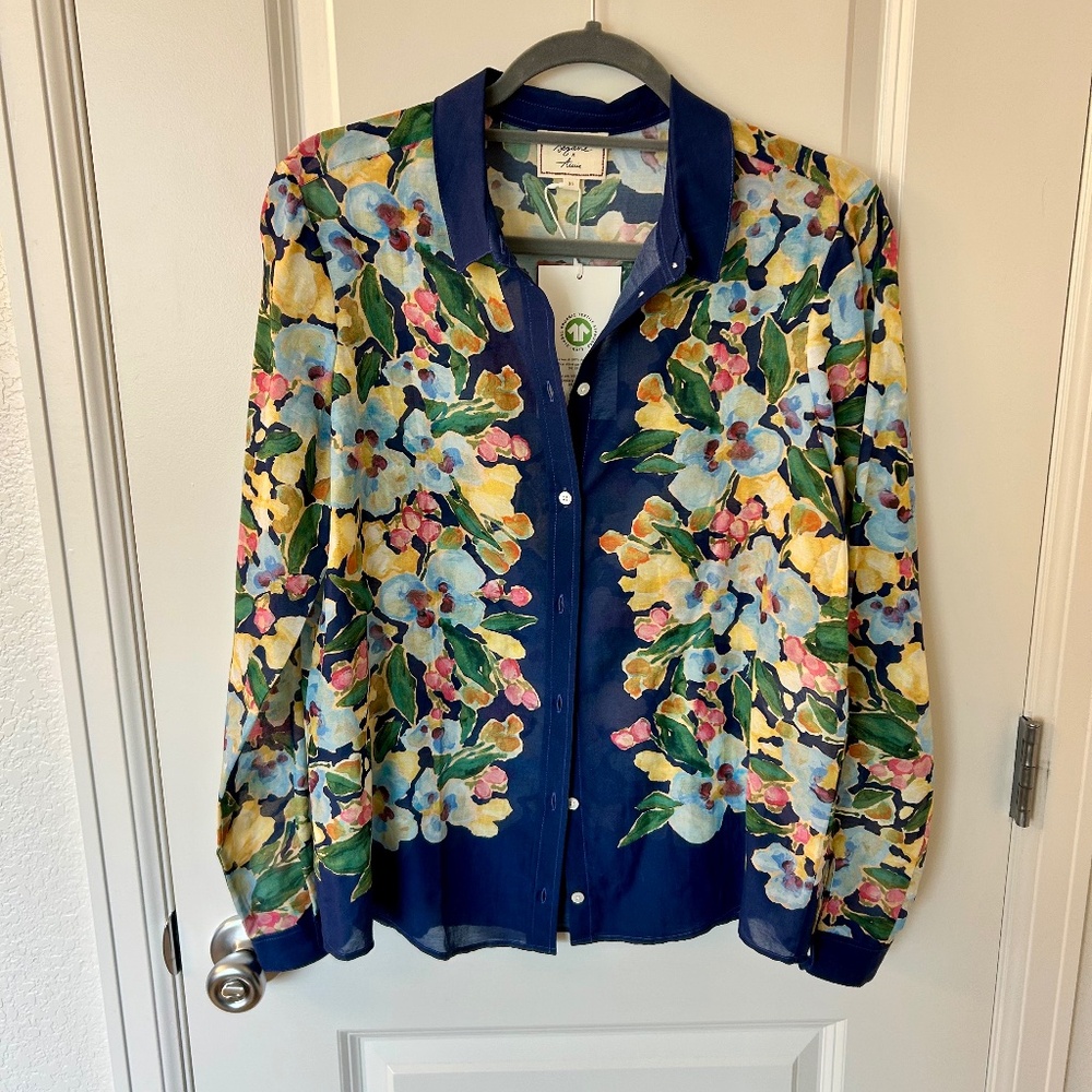 NWT Sezane Pierro Floral Button Down Shirt - Blue, Yellow, Pink